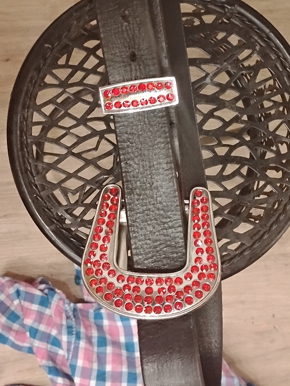 Mens Black Leather Belt with Red Crystal Horseshoe Buckle